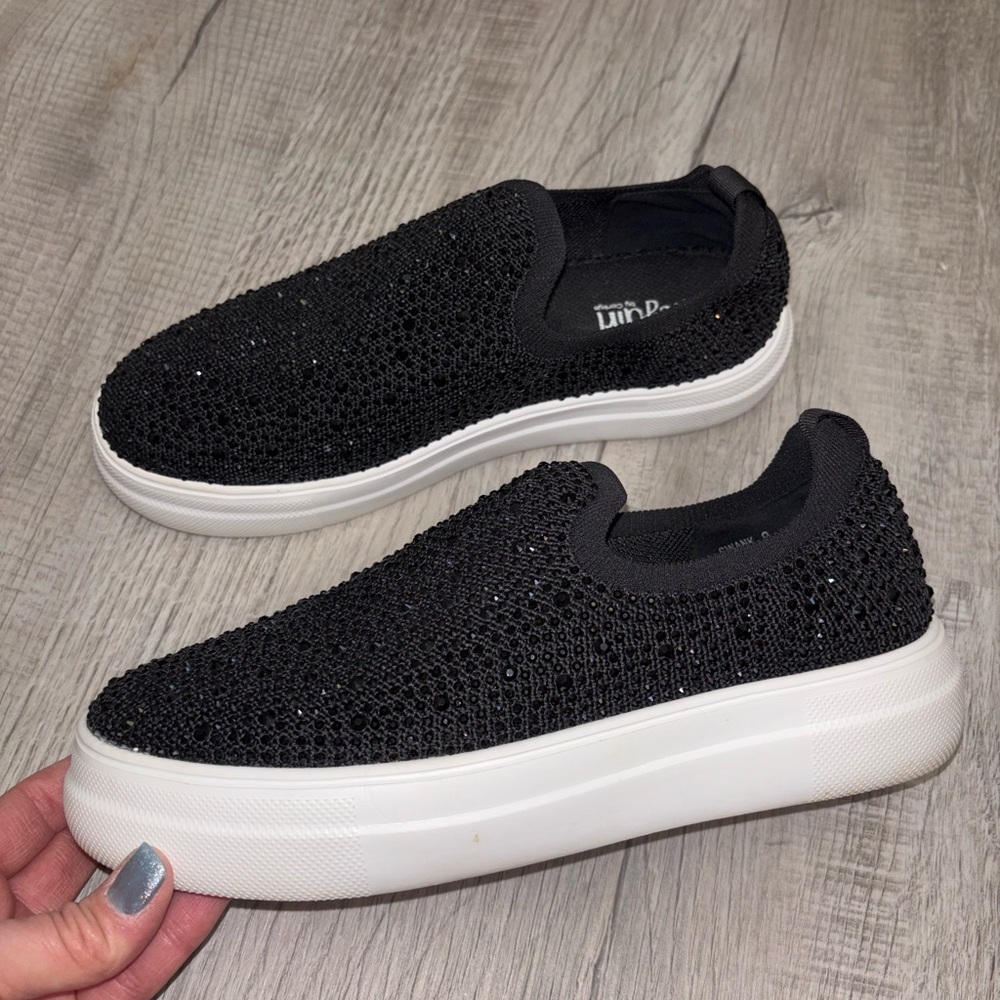 Corkys Black Knit Slip-On Platform Sneakers with Subtle Sparkle